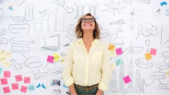 aide creation entreprise - une femme souriante se tenant devant un tableau avec des post-it pour la création de son entreprise